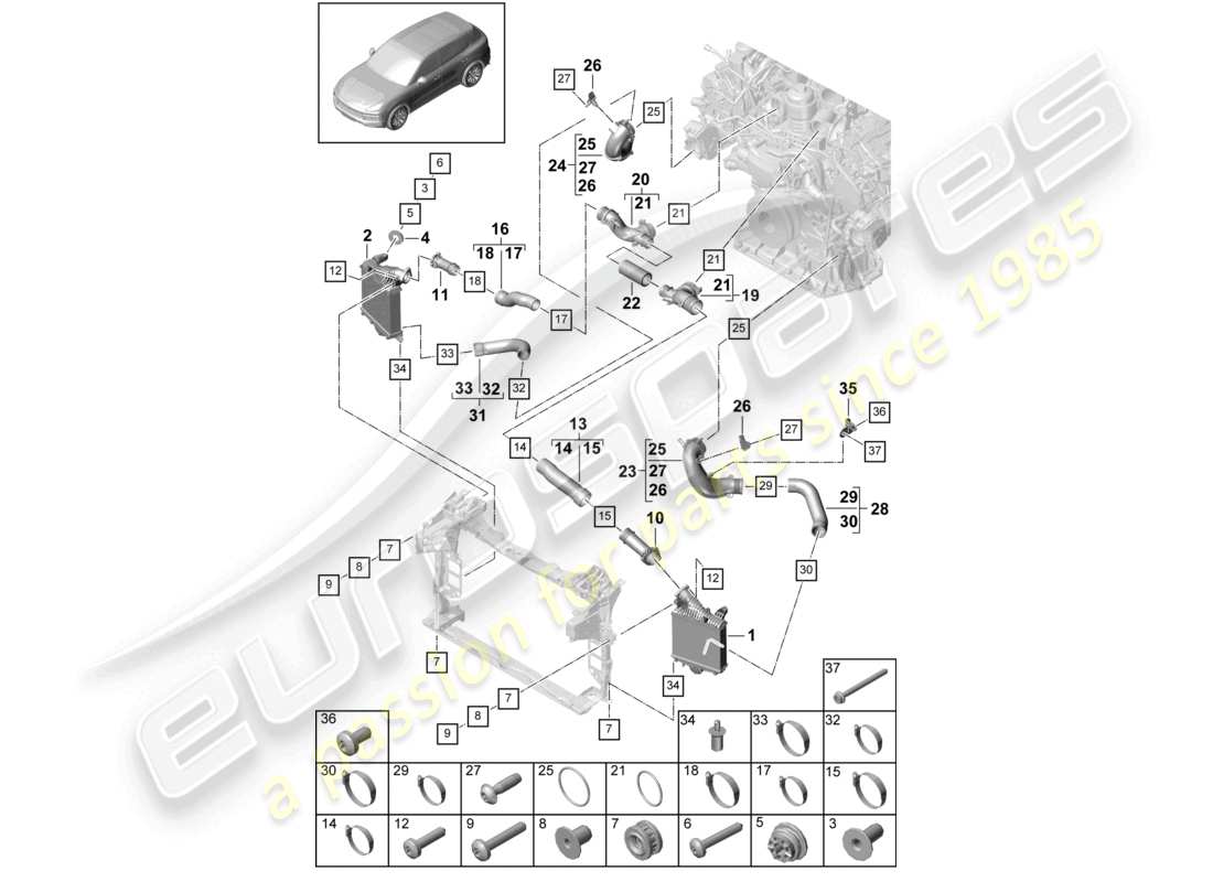 porsche 2024 (cayenne e3 9ya/9yb) schéma des pièces du tuyau de pression du refroidisseur d'air de suralimentation