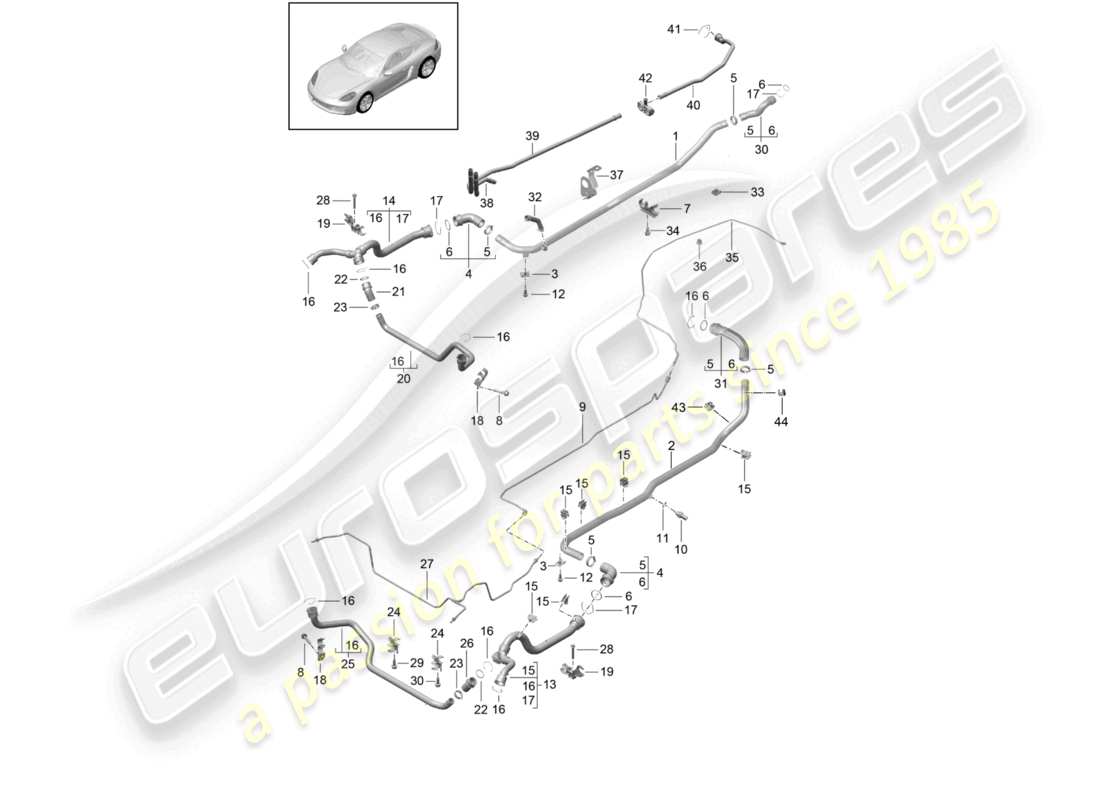 porsche 2021 (718 cayman) système de refroidissement du liquide de refroidissement 1 tuyau de liquide de refroidissement conduite de reniflard schéma des pièces