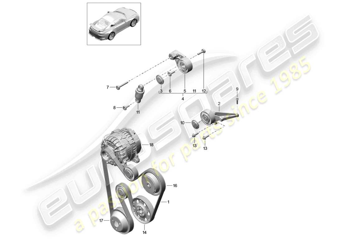 porsche 2021 (991-2 r/gt3/rs) diagramme des pièces du tendeur de courroie poly-v
