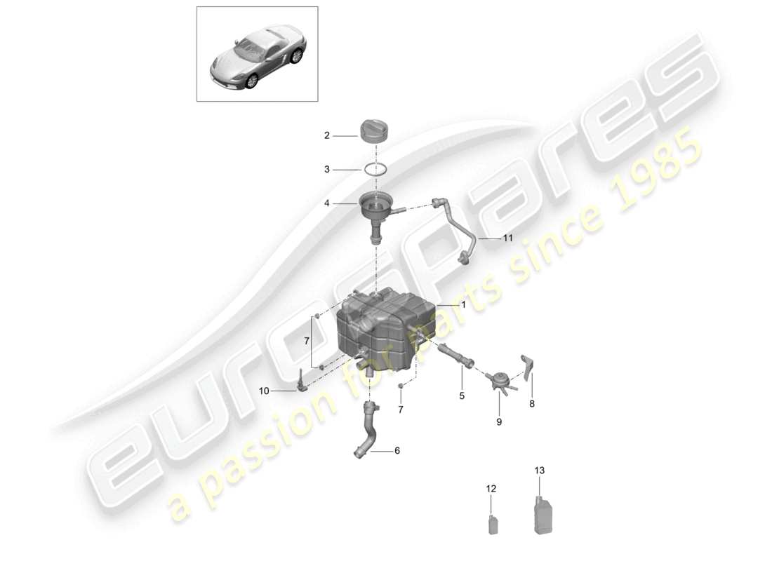 porsche 2022 (718 boxster) système de refroidissement du liquide de refroidissement vase d'expansion du liquide de refroidissement schéma des pièces