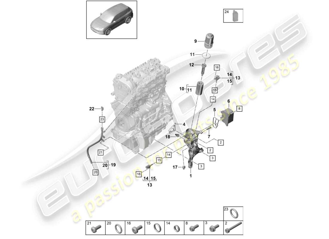 porsche 2024 (cayenne e3 9ya/9yb) filtre à huile console refroidisseur d'huile schéma des pièces