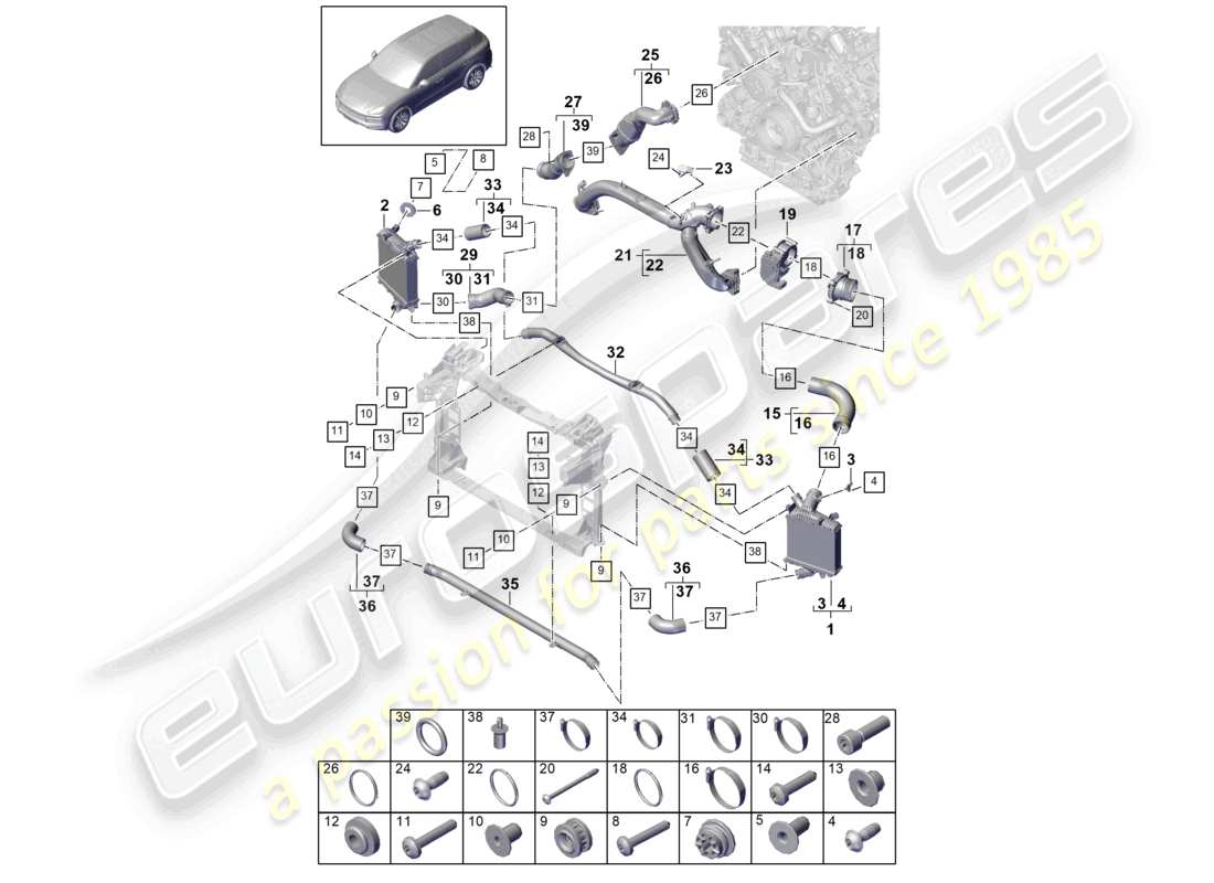 porsche 2024 (cayenne e3 9ya/9yb) schéma des pièces de l'adaptateur de papillon des gaz du tuyau de pression du refroidisseur d'air de suralimentation