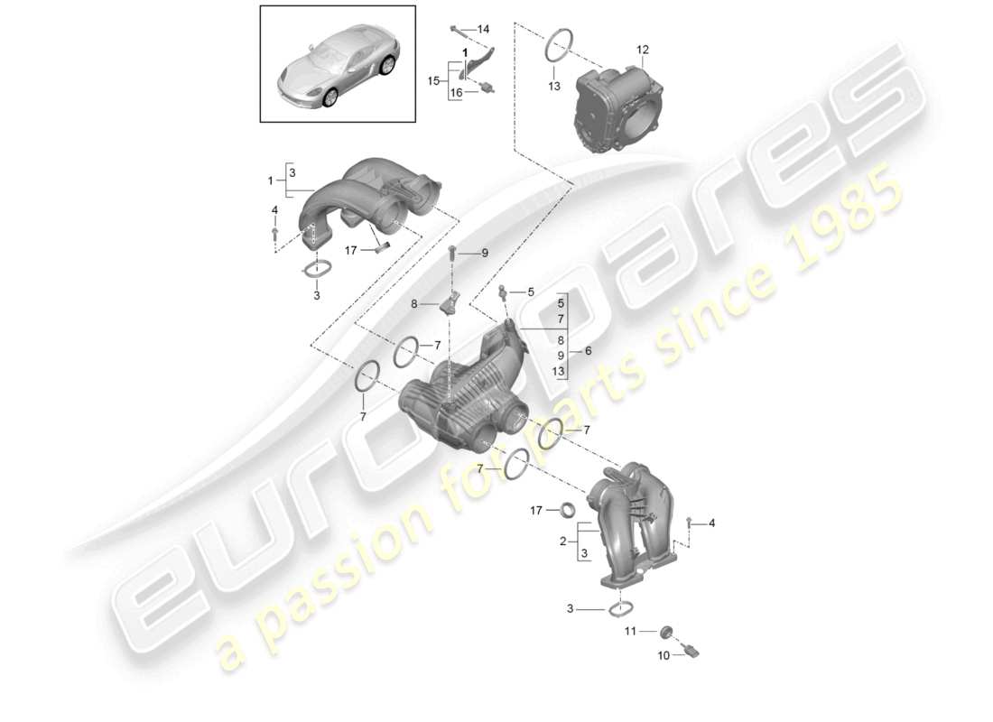 porsche 2021 (718 cayman) schéma des pièces de l'adaptateur de papillon des gaz du distributeur d'air d'admission