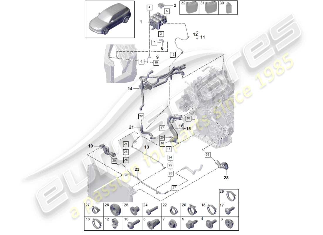 porsche 2024 (cayenne e3 9ya/9yb) système de refroidissement du liquide de refroidissement vase d'expansion du liquide de refroidissement tuyau de liquide de refroidissement schéma des pièces