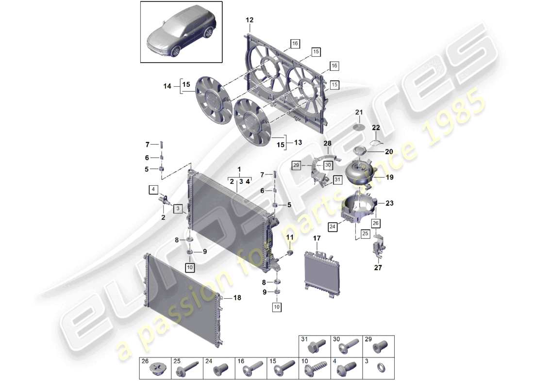 porsche 2024 (cayenne e3 9ya/9yb) système de refroidissement du liquide de refroidissement refroidisseur pour liquide de refroidissement refroidisseur supplémentaire pour liquide de refroidissement vase d'expansion supplémentaire schéma des pièces