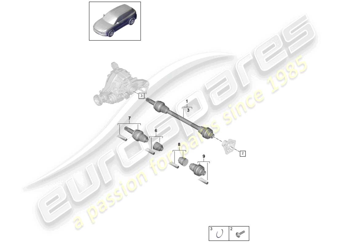 porsche 2024 (cayenne e3 9ya/9yb) schéma des pièces de l'arbre de transmission de l'essieu arrière