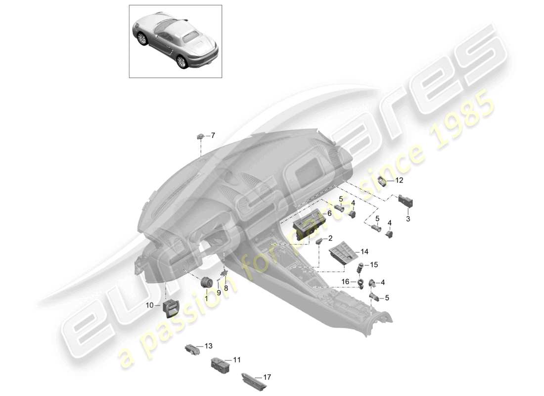 porsche 2022 (718 boxster) schéma des pièces du panneau de commande de l'interrupteur de climatisation