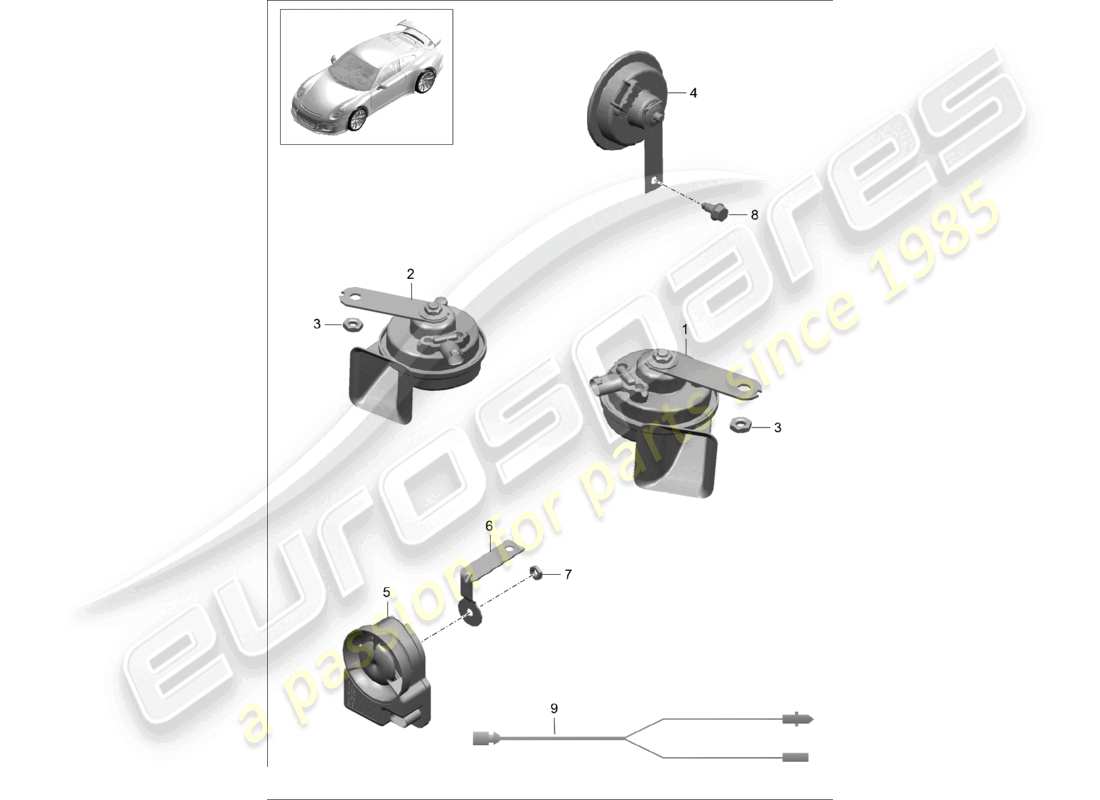 porsche 2021 (991-2 r/gt3/rs) diagramme des pièces du système d'alarme à klaxon fanfare signal