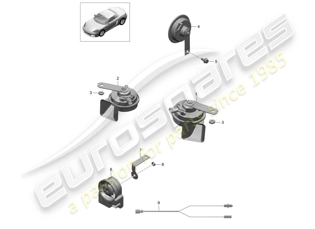 porsche 2023 (718 boxster) diagramme des pièces du système d'alarme à klaxon fanfare signal
