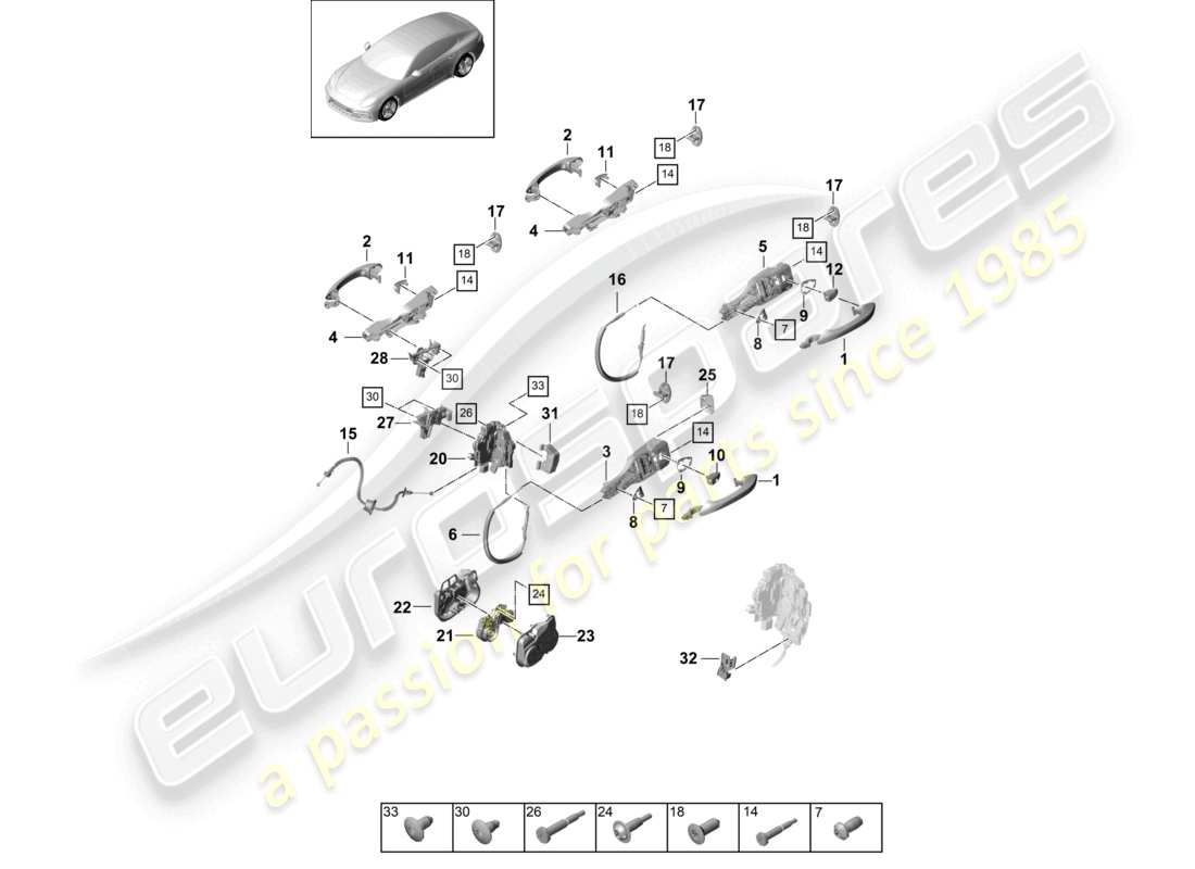 porsche 2021 (panamera 971-1) poignée de porte, extérieure avant et arrière serrure de porte schéma des pièces