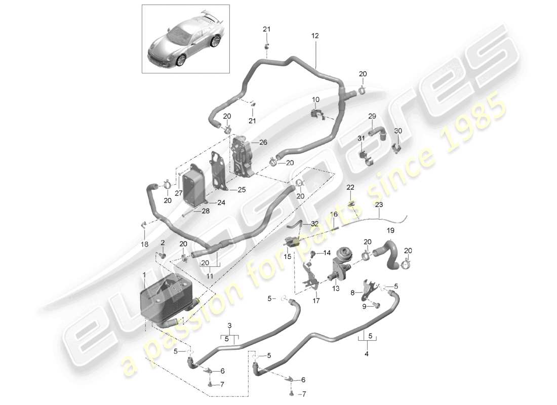 porsche 2021 (991-2 r/gt3/rs) - pdk - schéma des pièces du tuyau d'huile de l'échangeur de chaleur de la boîte de vitesses et du tuyau d'eau