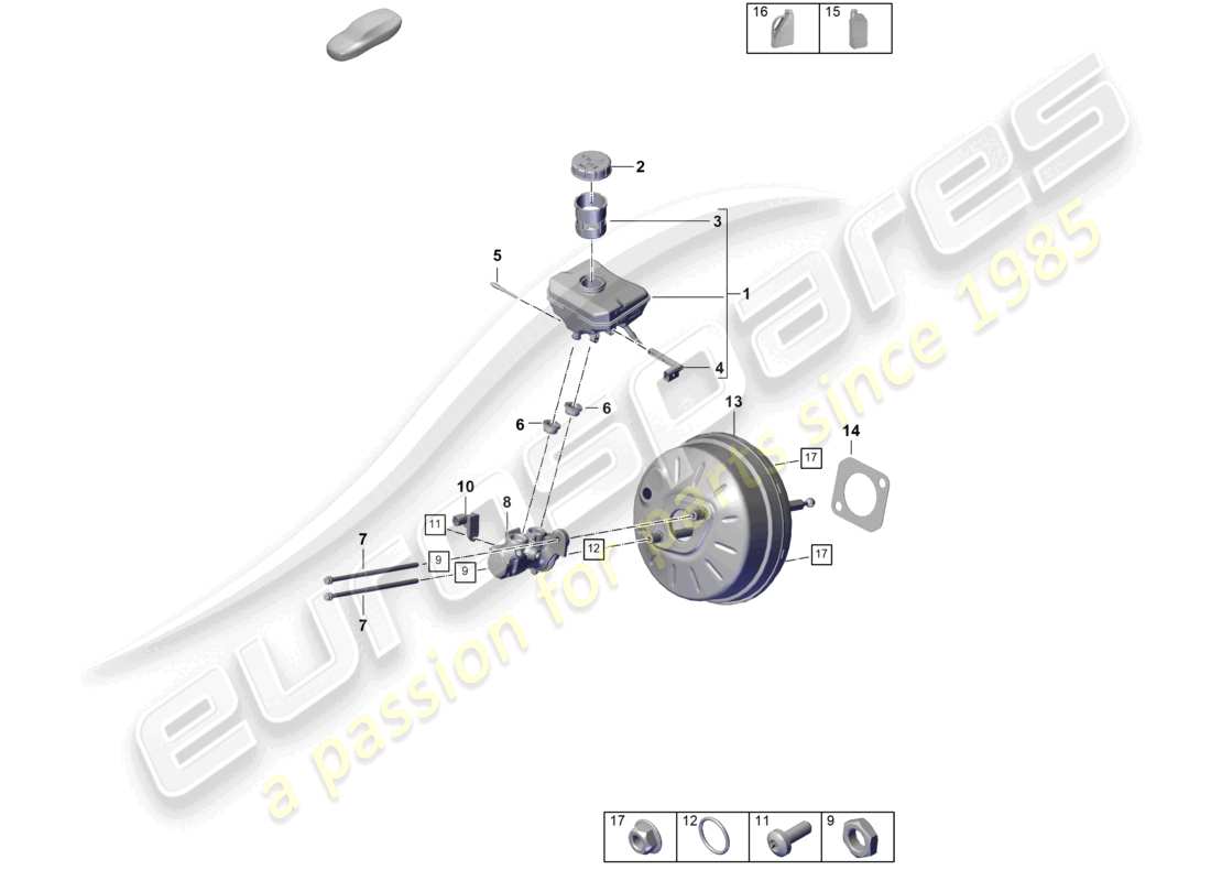 porsche 2025 (cayenne e3 pa) réservoir de servofrein avec pièces de fixation schéma des pièces du maître-cylindre de frein