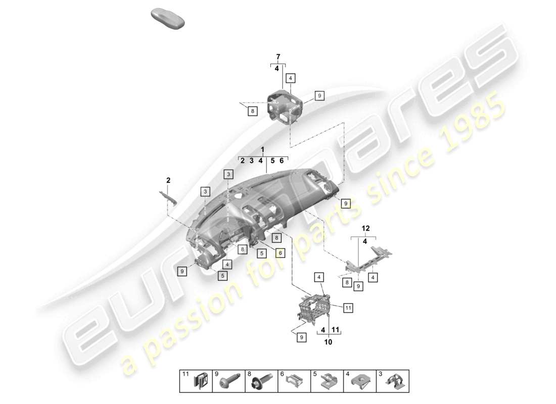 porsche 2021 (718 cayman gt4) garniture du tableau de bord partie supérieure avec : fixations schéma des pièces