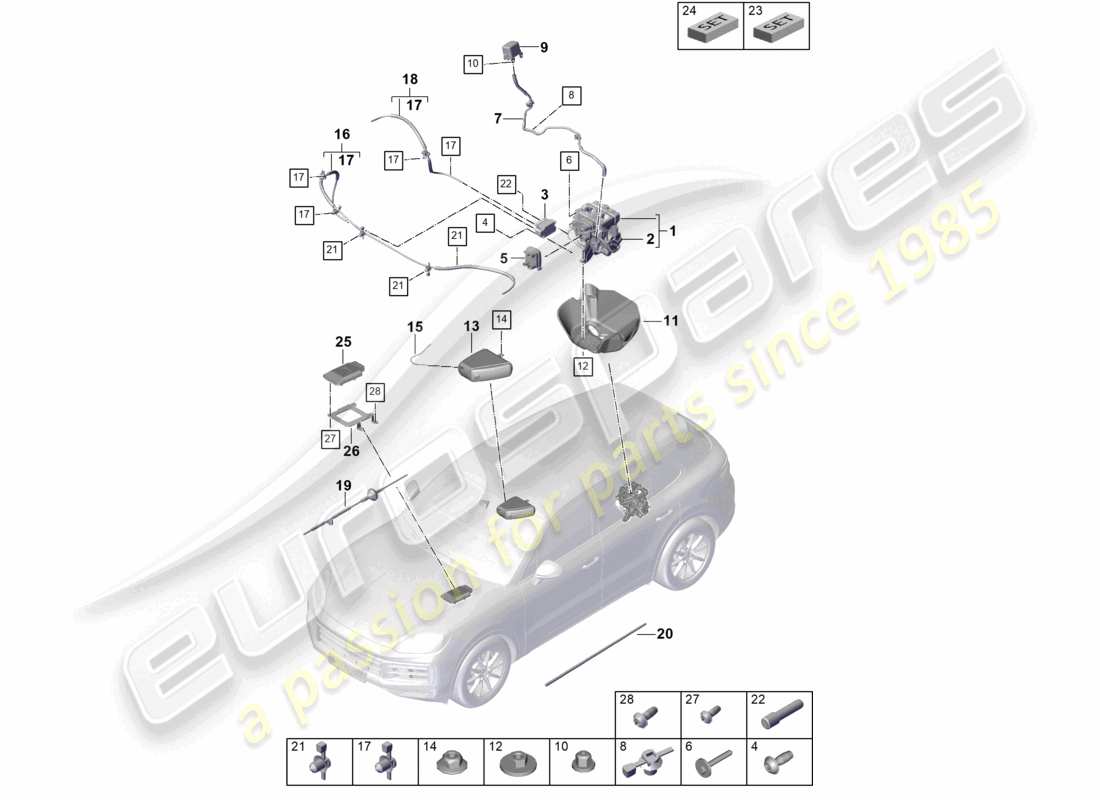 porsche 2025 (cayenne e3 pa) suspension pneumatique unité d'alimentation en air accumulateur de pression unité de commande pour amortissement à régulation électronique schéma des pièces