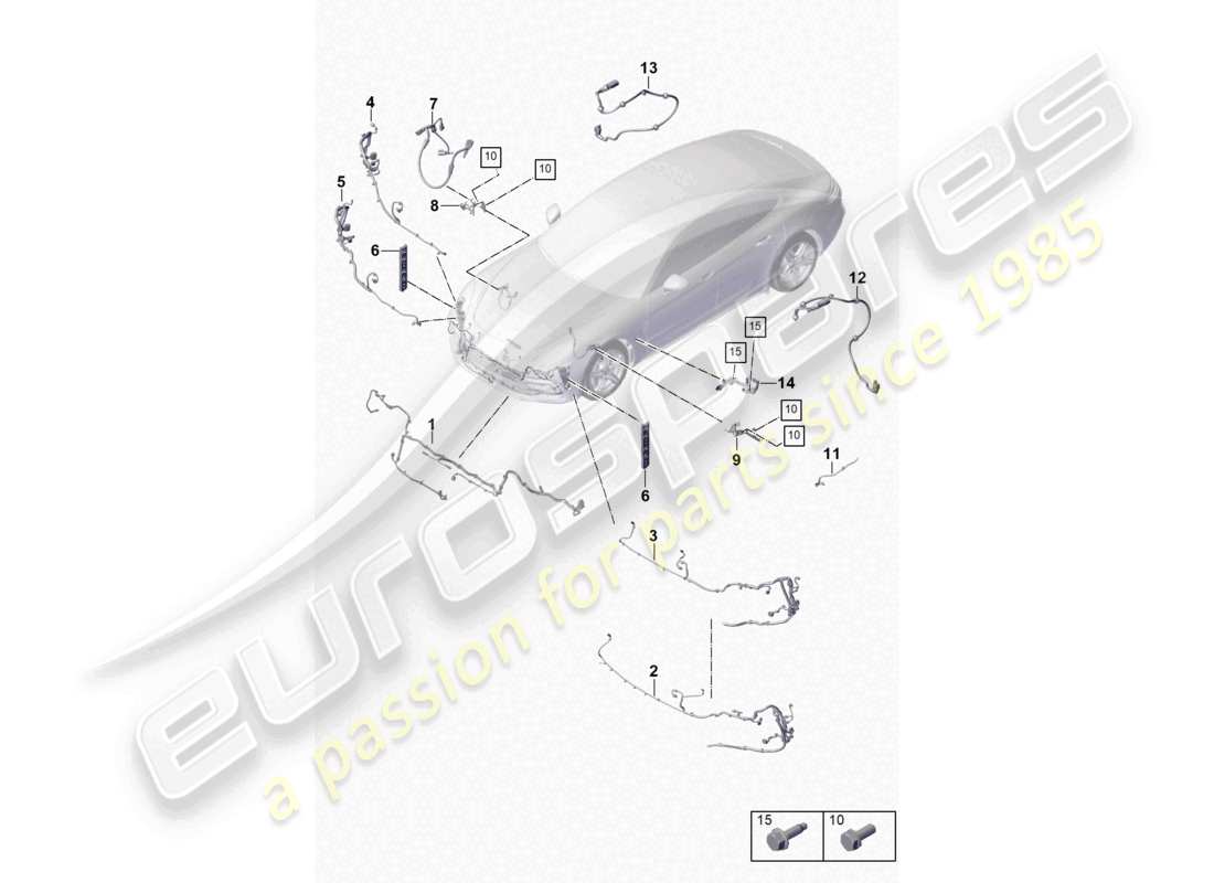 porsche 2021 (panamera 971-1) faisceaux de câbles pare-chocs système de freinage antiblocage -abs- affichage de l'usure des plaquettes de frein faisceau de câbles de l'essieu avant pour suspension à nivellement automatique schéma des pièces