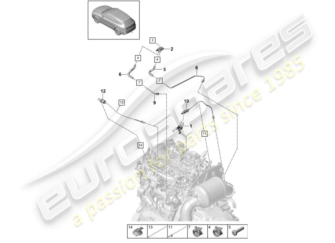 porsche 2024 (cayenne e3 9ya/9yb) ligne de commande avec transmetteur de différence de pression transmetteur de température des gaz d'échappement schéma des pièces