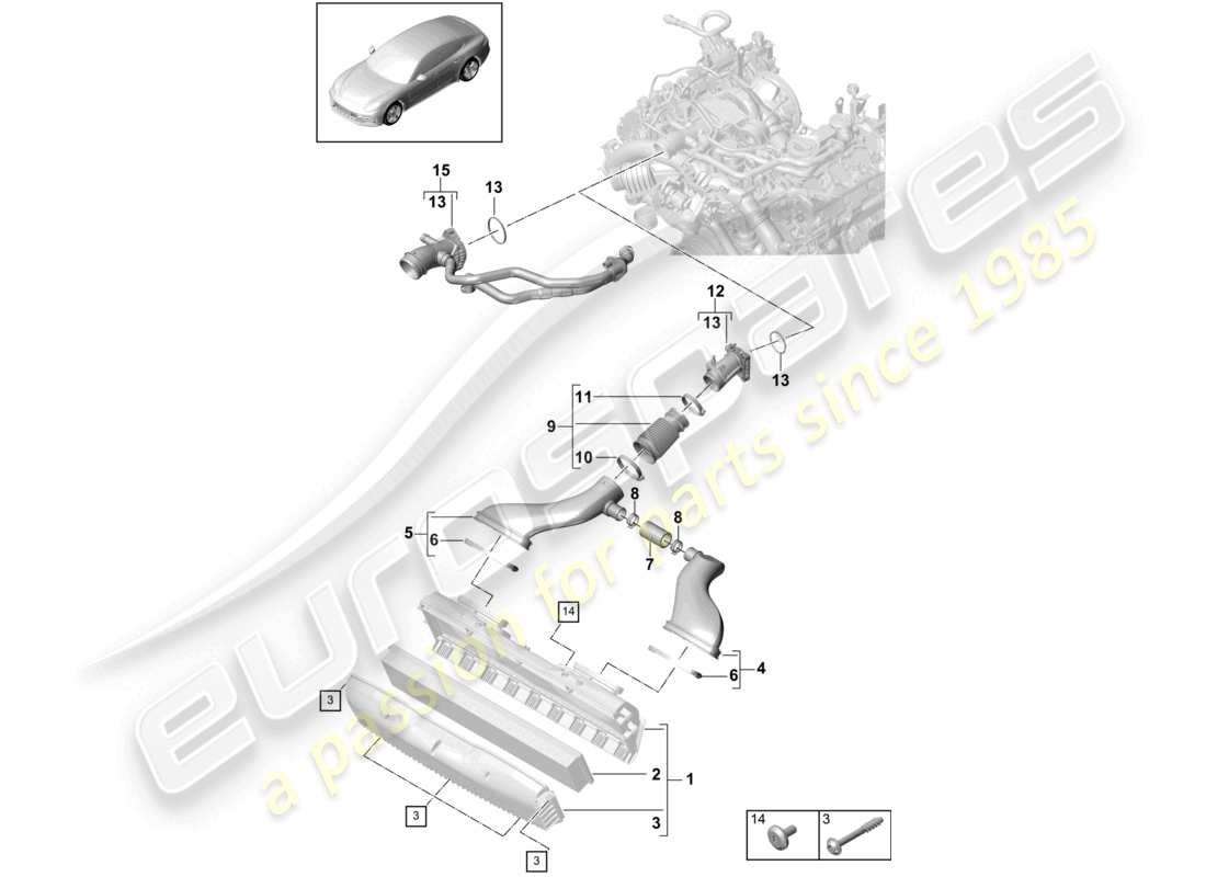 porsche 2021 (panamera 971-1) filtre à air avec pièces de raccordement tuyau d'admission schéma des pièces