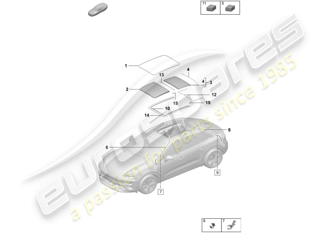 porsche 2025 (macan-e) accessoires de toit en verre couvercle tuyau d'évacuation d'eau diagramme des pièces