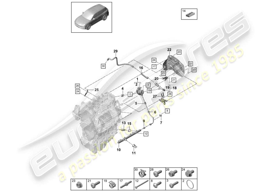 porsche 2024 (cayenne e3 9ya/9yb) schéma des pièces du tuyau de collecte de carburant, de l'injecteur haute pression et de la pompe haute pression