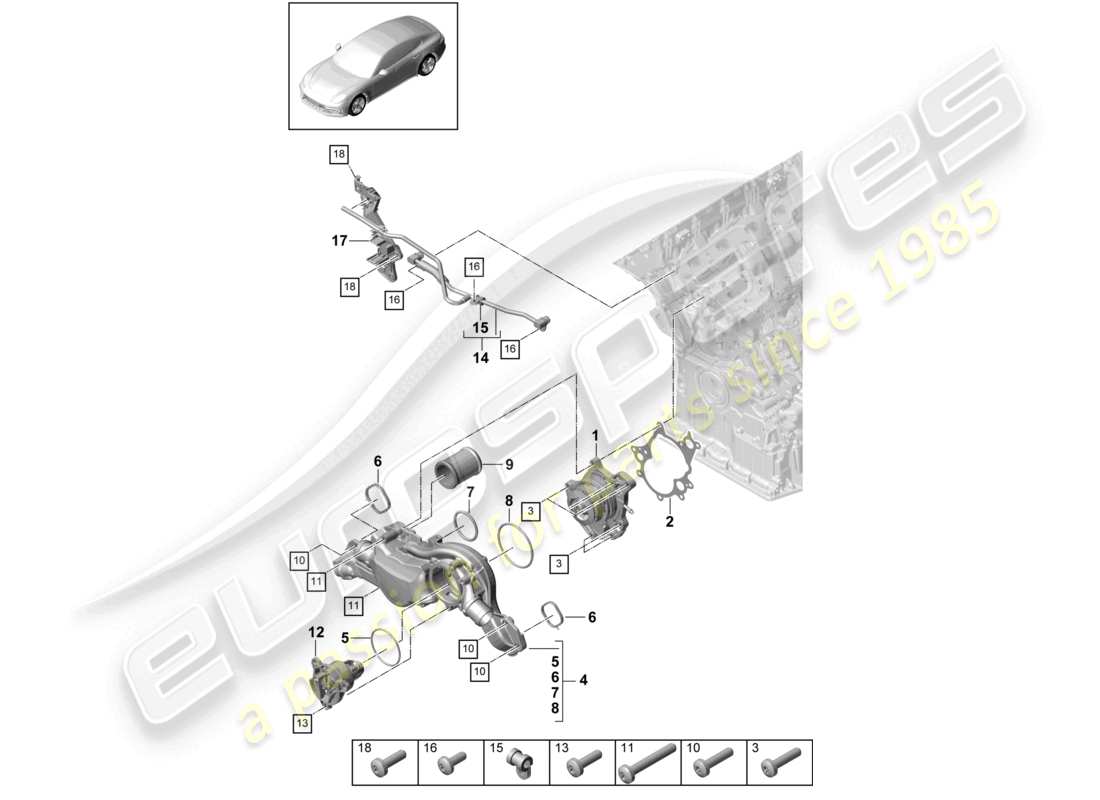 porsche 2021 (panamera 971-1) boîtier de thermostat de pompe à liquide de refroidissement conduite de reniflard schéma des pièces