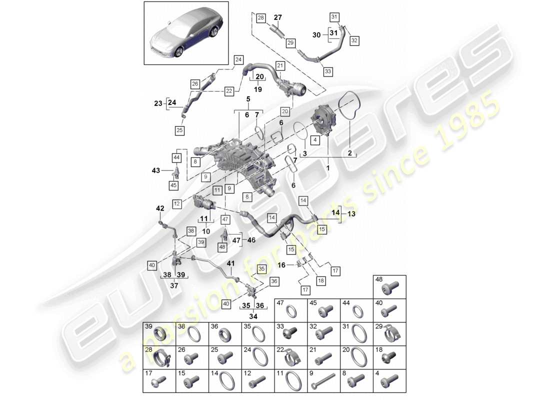 porsche 2021 (panamera 971-1) boîtier de thermostat de pompe à liquide de refroidissement tuyau de liquide de refroidissement conduite de reniflard schéma des pièces
