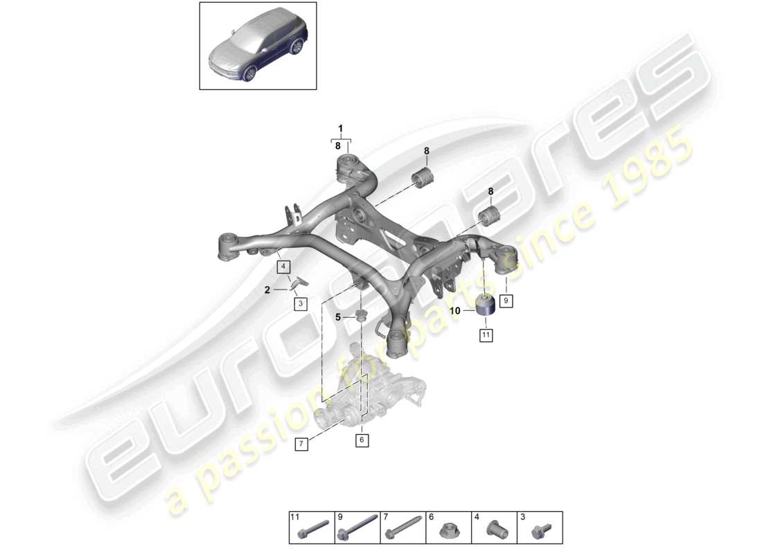 porsche 2024 (cayenne e3 9ya/9yb) cadre de support sous-châssis de suspension diagramme des pièces