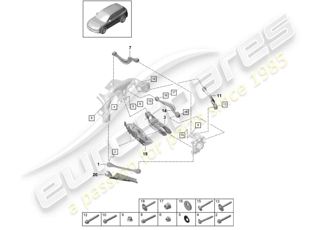 porsche 2024 (cayenne e3 9ya/9yb) schéma des pièces de l'essieu arrière à bras transversaux