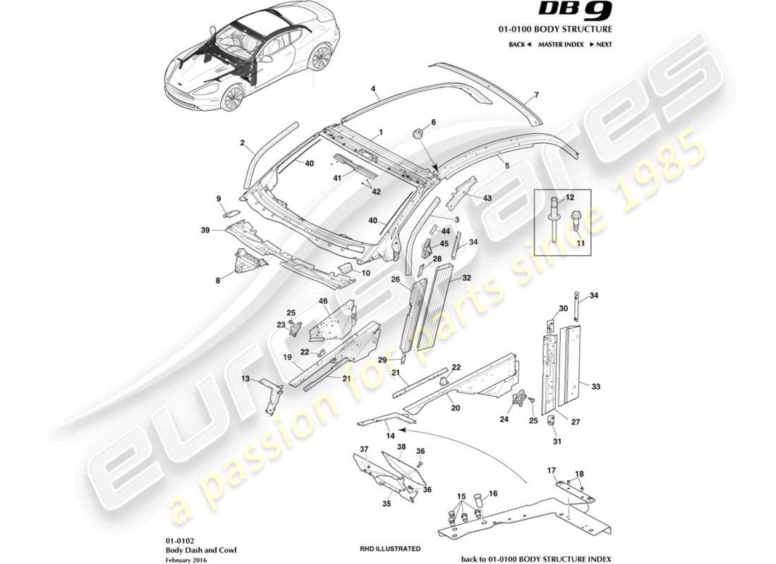 aston martin db9 (2017) tableau de bord et capot de carrosserie, diagramme de pièce du coupé