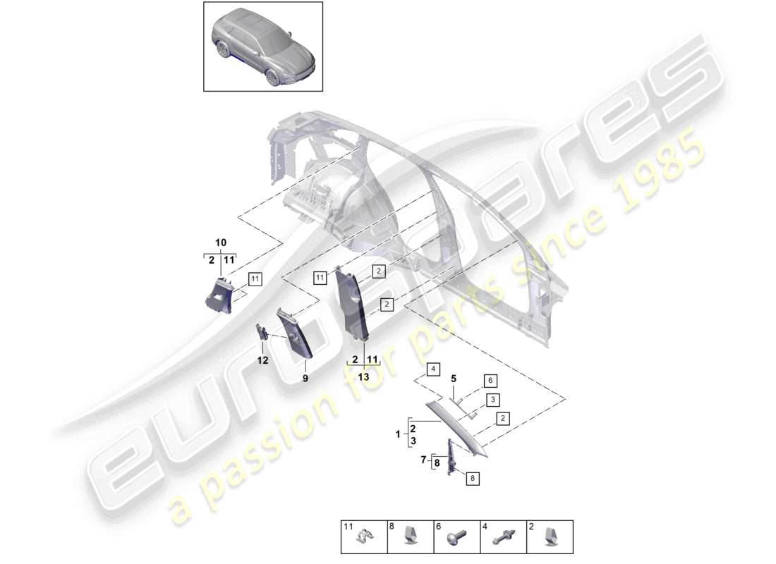 porsche 2021 (cayenne e3 9ya/9yb) garniture du montant a supérieur, du montant b, du montant c, garniture et élément de déformation diagramme des pièces