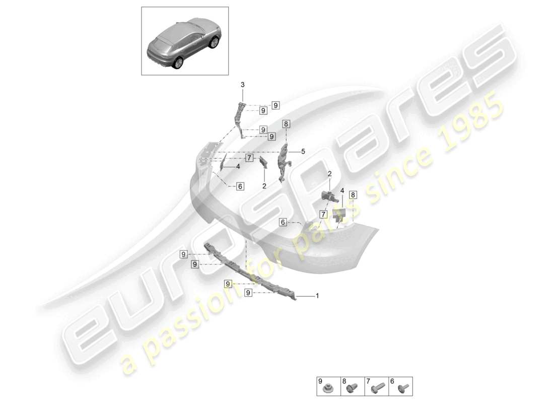 porsche 2023 (macan) schéma des pièces de fixation du pare-chocs arrière