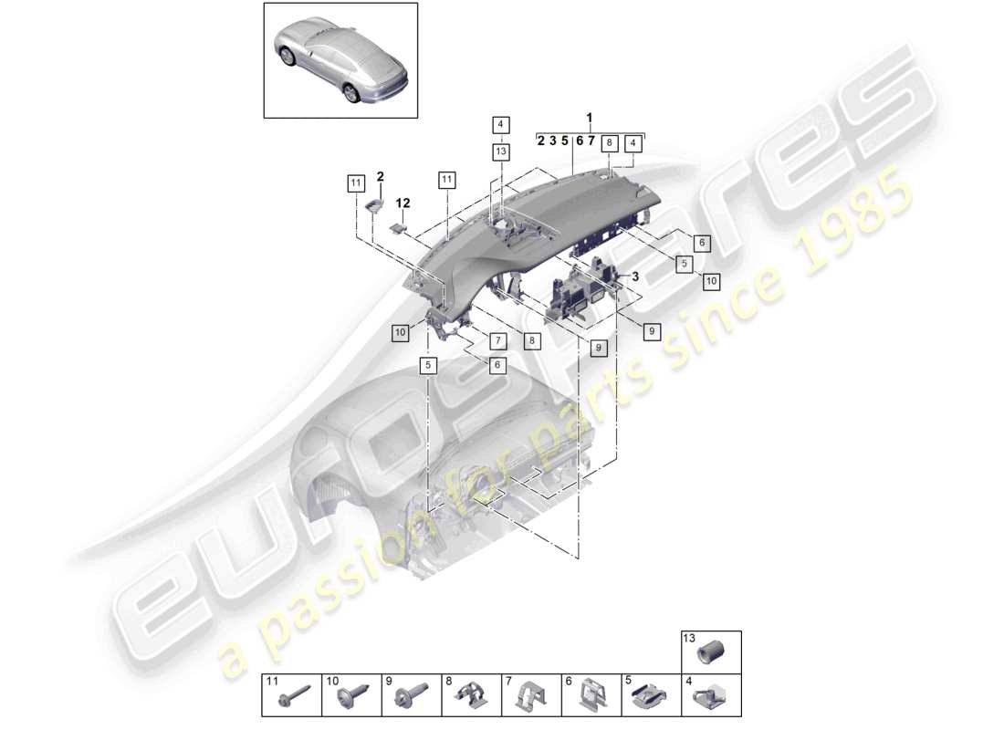 porsche 2021 (panamera 971-1) tableau de bord partie supérieure avec : fixations schéma des pièces