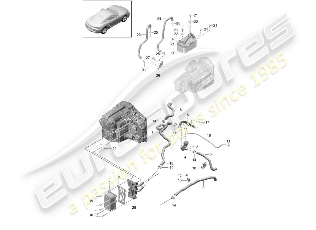 porsche 2024 (718 cayman) - pdk - schéma des pièces du tuyau d'huile de l'échangeur de chaleur de la boîte de vitesses et du tuyau d'eau