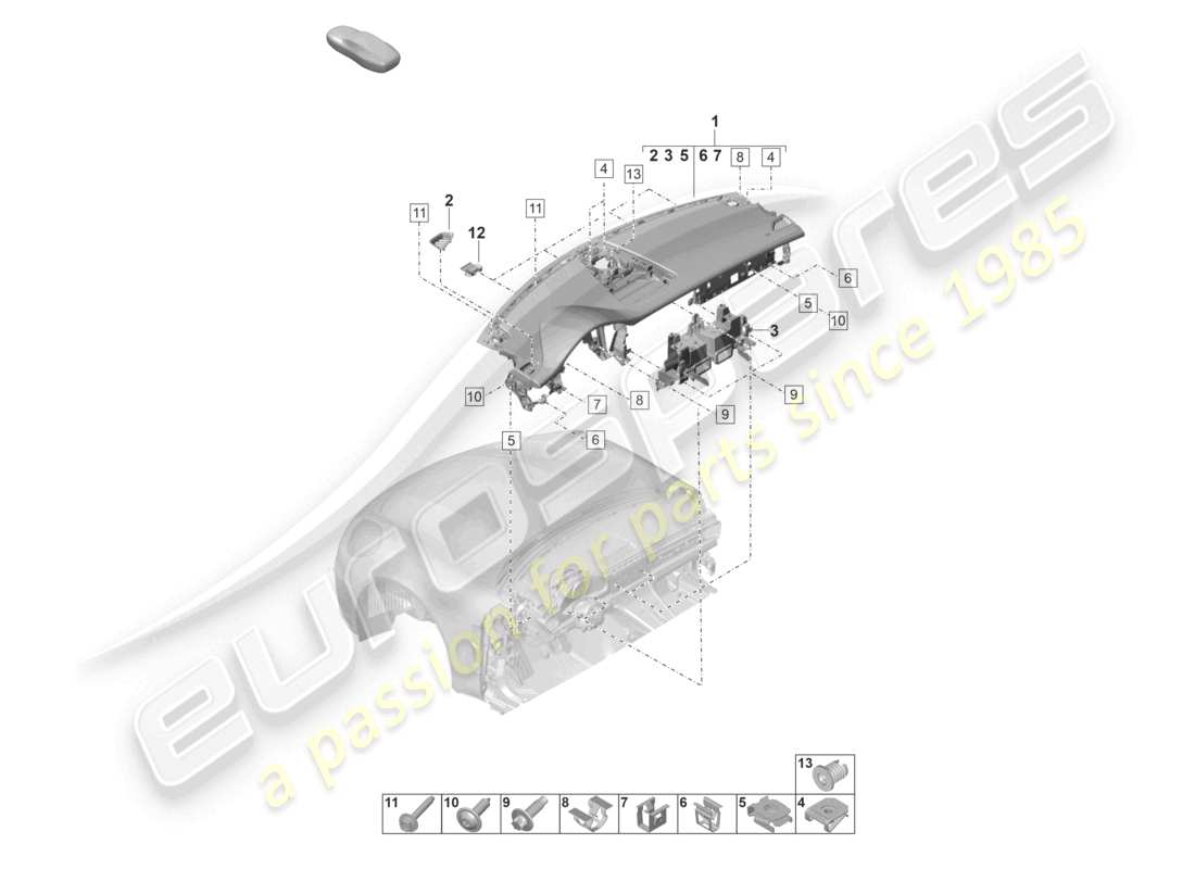 porsche 2022 (panamera 971-2) tableau de bord partie supérieure avec : fixations schéma des pièces