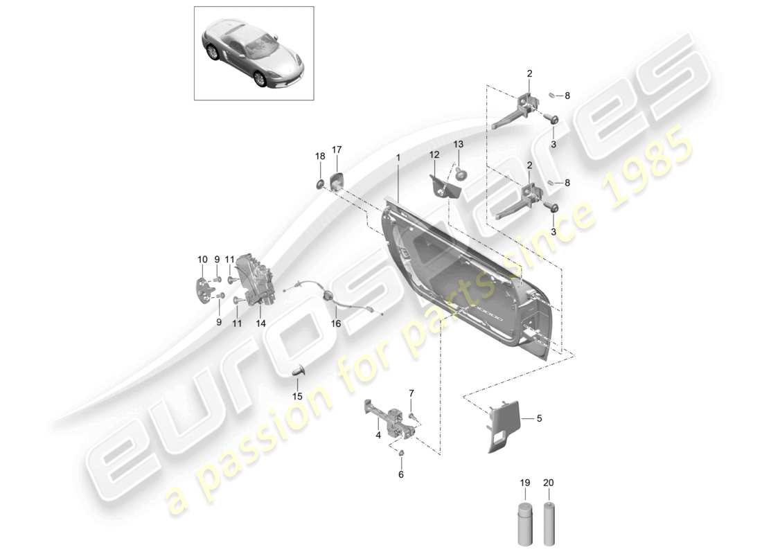 porsche 2025 (718 boxster) schéma des pièces de la coque de porte de la serrure de porte