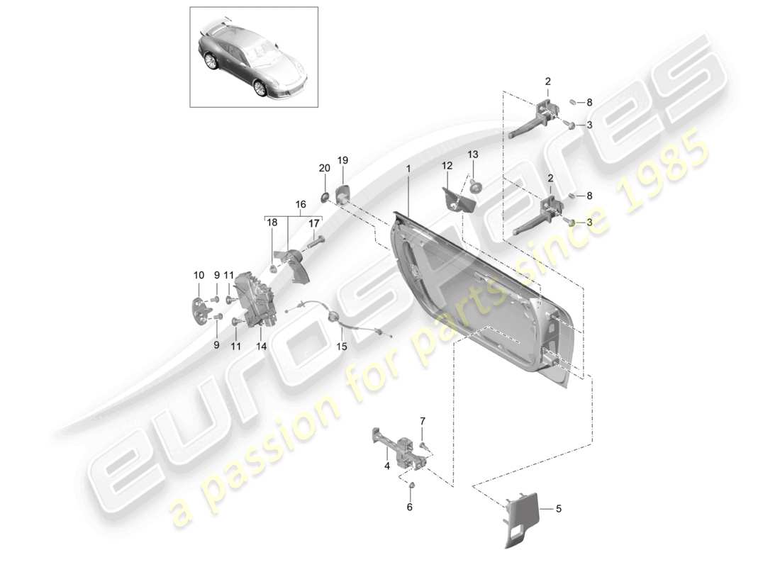 porsche 2021 (991-2 r/gt3/rs) schéma des pièces de la coque de porte de la serrure de porte