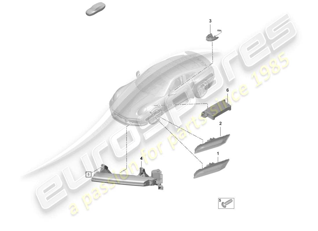 porsche 2022 (992-1 turbo / s) répétiteur de clignotant, feu de position latéral, unité de commande pour feux de conduite de jour, schéma des pièces