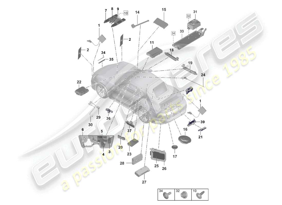 porsche 2022 (992-1 turbo / s) amplificateur d'antenne, lecteur de carte à puce pour système de péage routier, connexion pour usb et aux-in, schéma des pièces