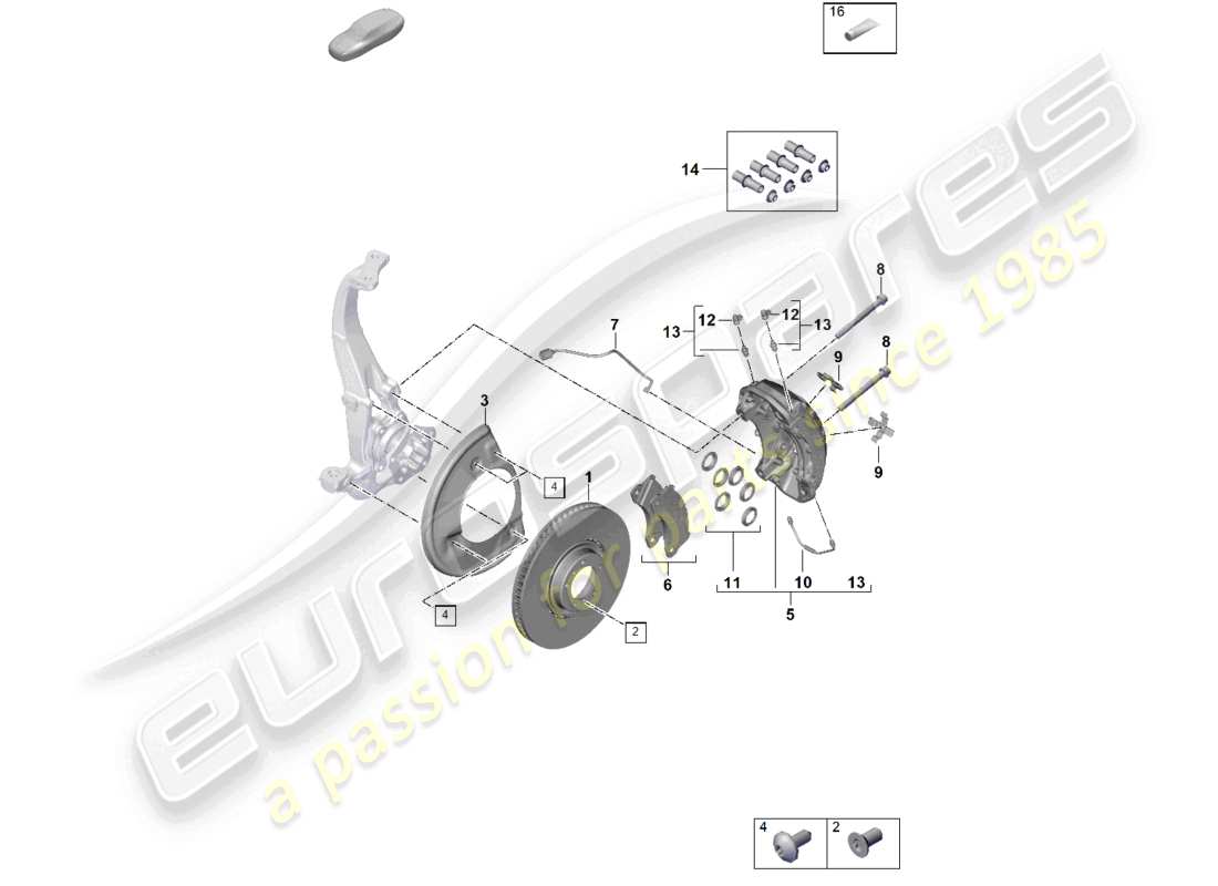 porsche 2022 (taycan 9j1-1) frein à disque 19 essieu avant jaune/noir schéma des pièces