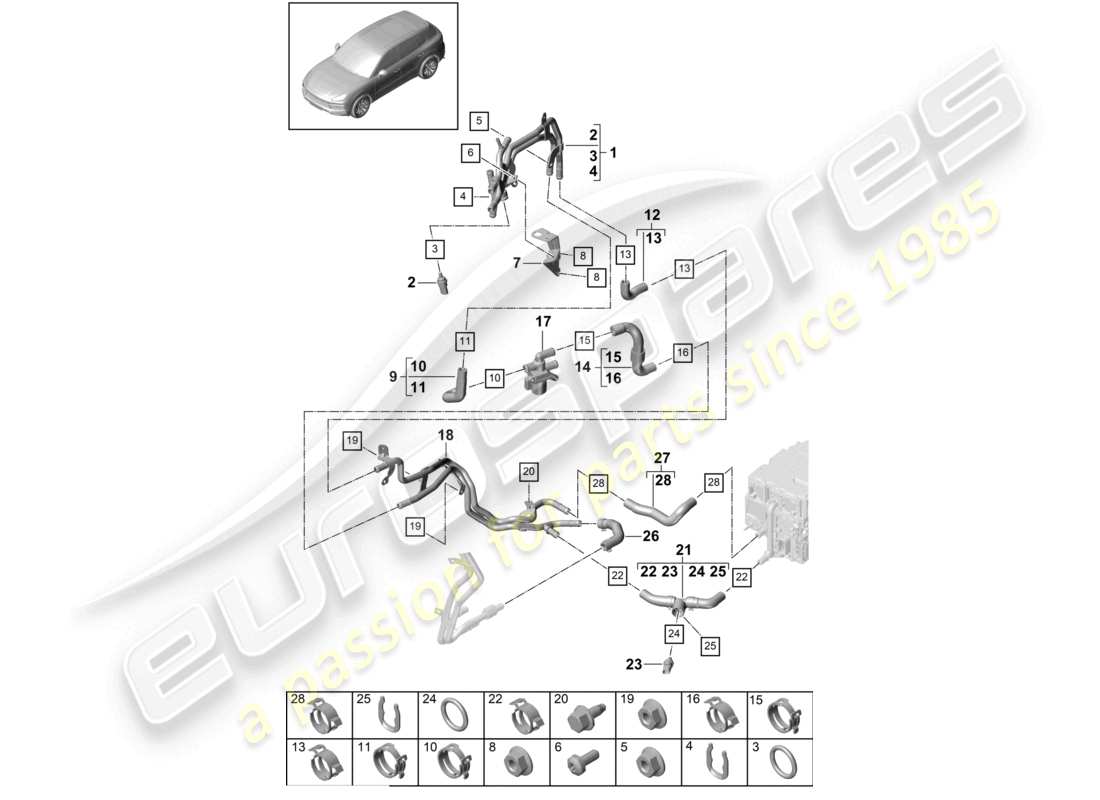porsche 2024 (cayenne e3 9ya/9yb) système de refroidissement du liquide de refroidissement schéma des pièces