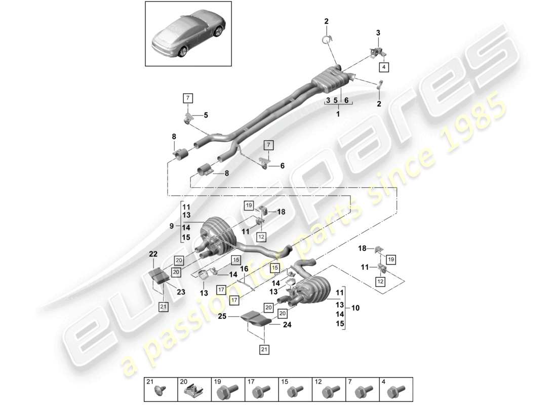 porsche 2021 (panamera 971-1) système d'échappement silencieux avant silencieux arrière tuyau d'échappement schéma des pièces