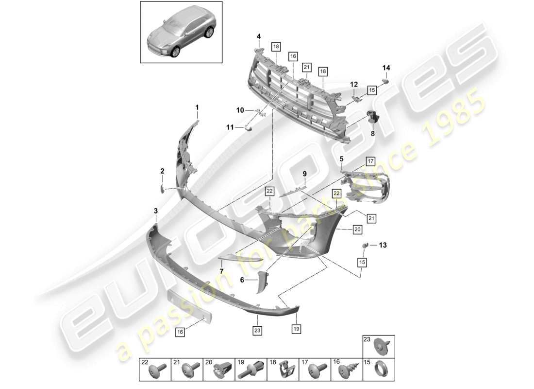 porsche 2021 (macan) schéma des pièces du pare-chocs avant du pack sport design turbo