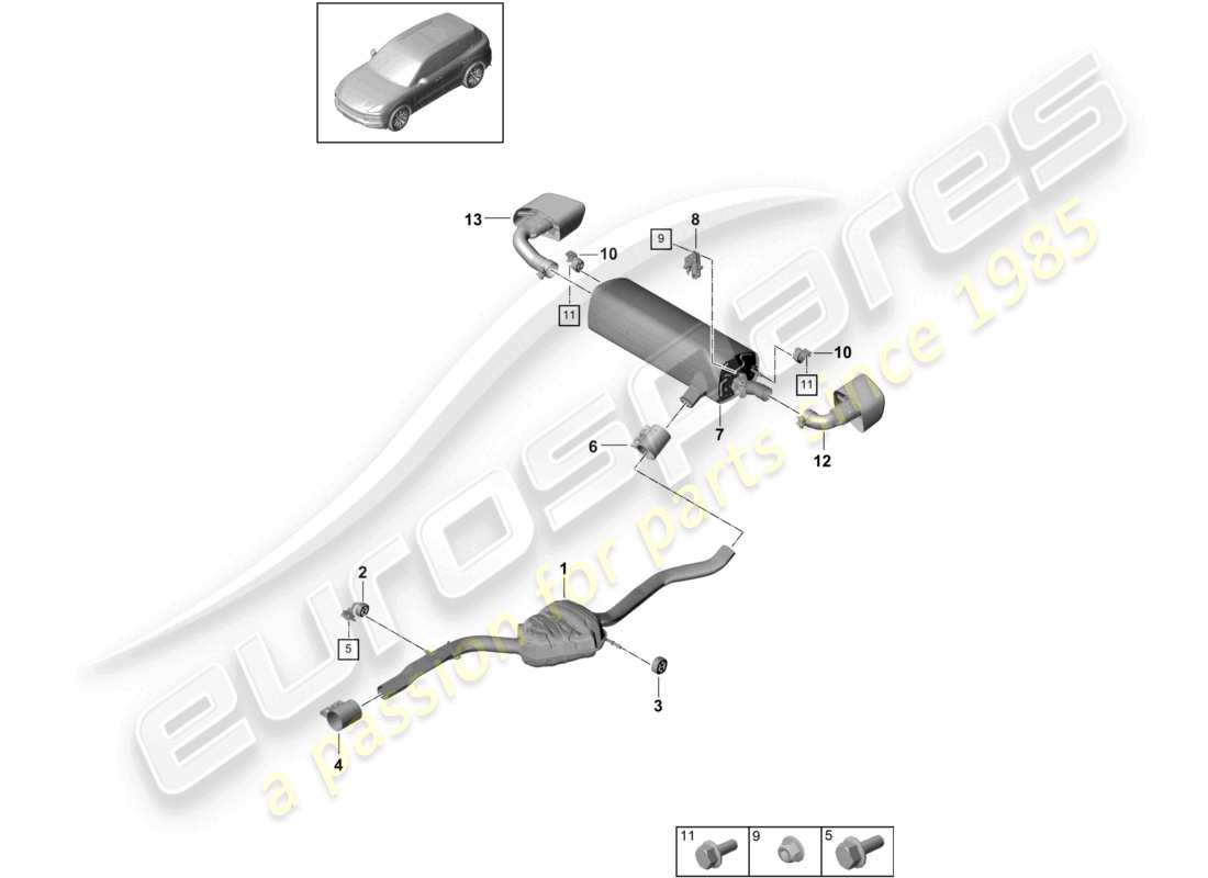 porsche 2024 (cayenne e3 9ya/9yb) système d'échappement silencieux avant silencieux arrière tuyau d'échappement schéma des pièces