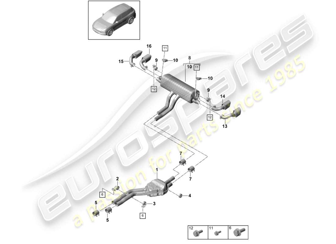 porsche 2024 (cayenne e3 9ya/9yb) système d'échappement silencieux avant silencieux arrière tuyau d'échappement schéma des pièces