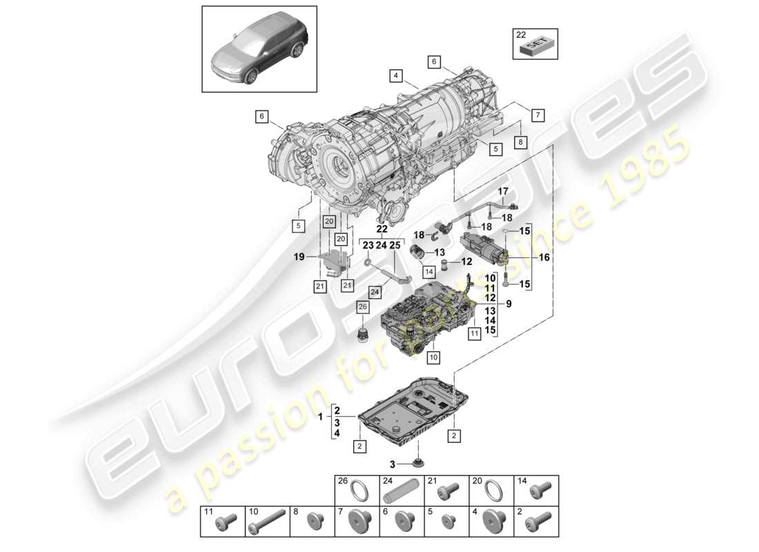 porsche 2024 (cayenne e3 9ya/9yb) 8-speed boîte de vitesses automatique pour transmission intégrale mécatronique avec pompe à huile logicielle refroidisseur d'huile de boîte de vitesses carter d'huile de transmission schéma des pièces