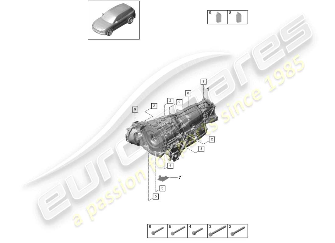 porsche 2024 (cayenne e3 9ya/9yb) 8-speed boîte de vitesses automatique pour quatre roues motrices pièces de montage pour moteur et transmission schéma des pièces