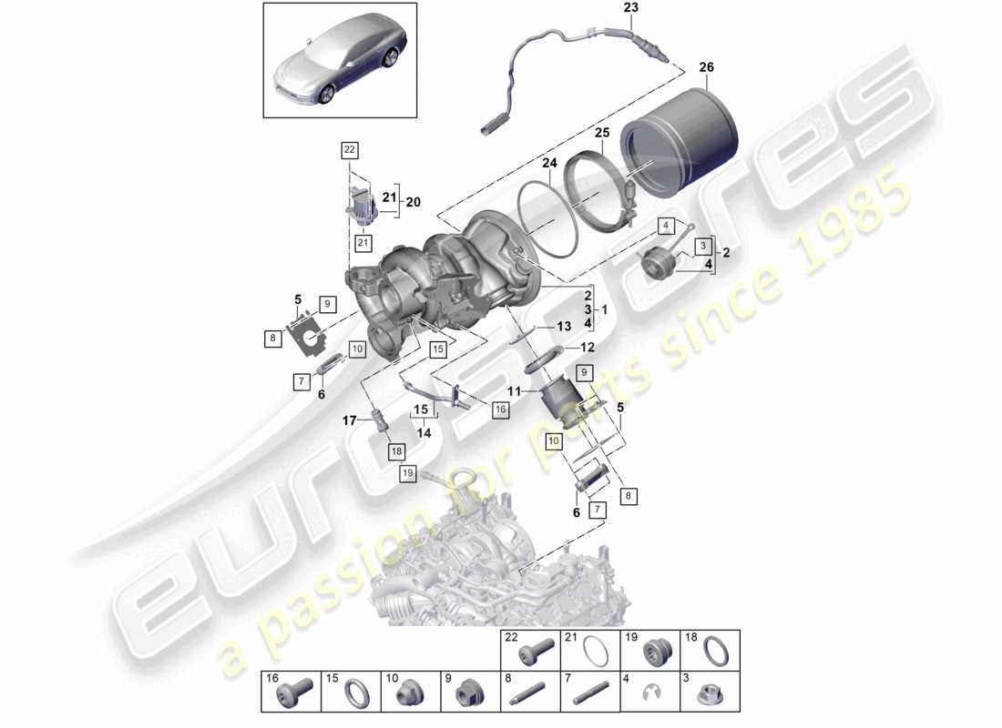 porsche 2021 (panamera 971-1) turbocompresseur à gaz d'échappement collecteurs d'échappement sonde lambda schéma des pièces