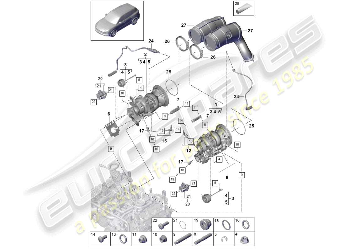 porsche 2024 (cayenne e3 9ya/9yb) turbocompresseur à gaz d'échappement collecteurs d'échappement sonde lambda schéma des pièces