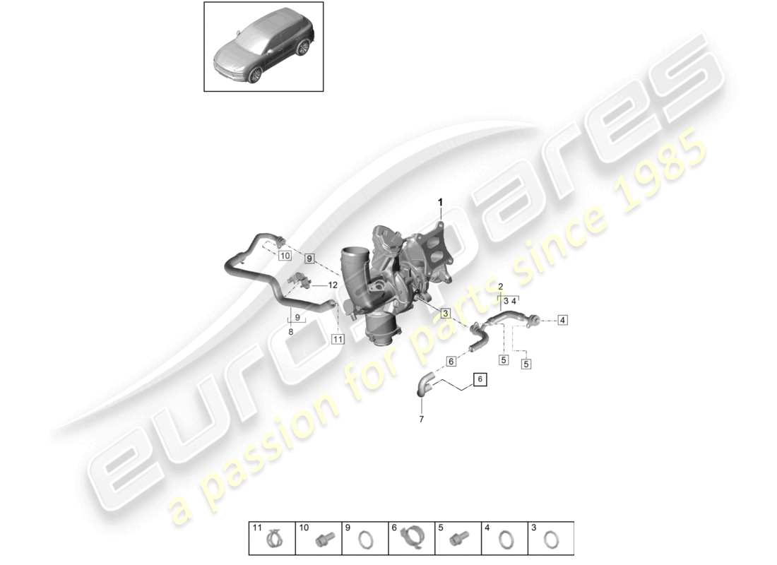 porsche 2024 (cayenne e3 9ya/9yb) schéma des pièces du système de refroidissement du turbocompresseur