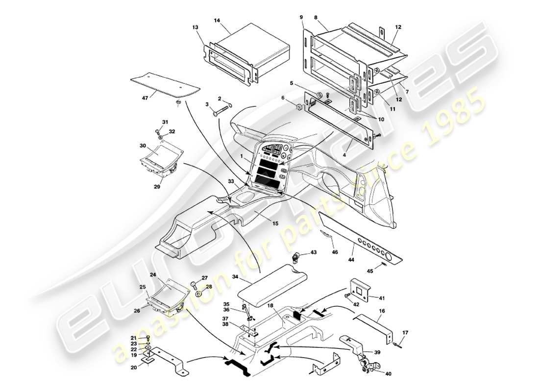 aston martin v8 volante (1998) diagramme des pièces de la console centrale et de la garniture