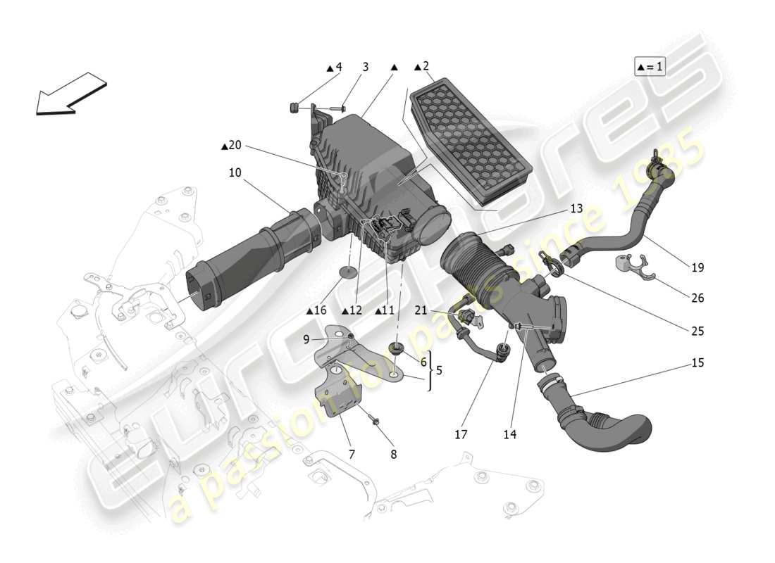 maserati grecale gt (2023) schéma des pièces du filtre à air, de l'admission d'air et des conduits